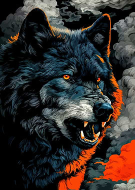 Angry Wolf Portrait with Fiery Accents
