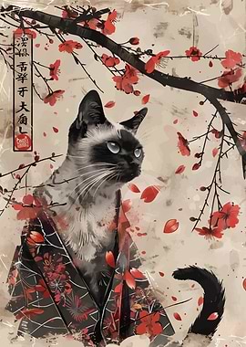 Siamese Cat in Kimono with Cherry Blossoms
