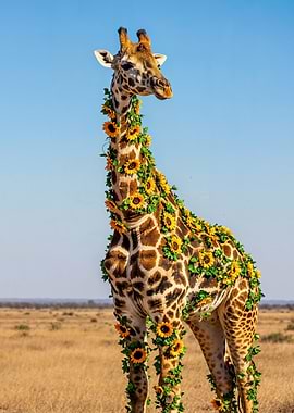 Giraffe adorned with sunflowers in nature