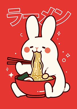 Rabbit eating ramen illustration