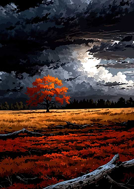 Autumnal Tree Under Stormy Sky