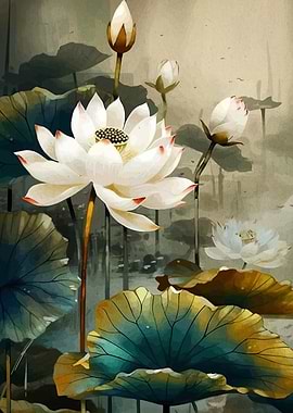Watercolor Lotus Flowers and Lily Pads