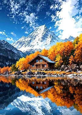 Autumn Cabin by Lake with Mountain