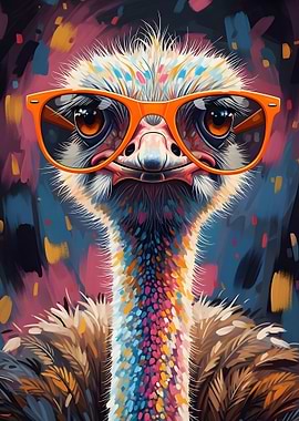 Colorful Ostrich with Glasses Portrait