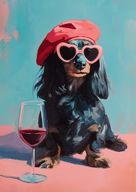 Dachshund with Wine and Beret