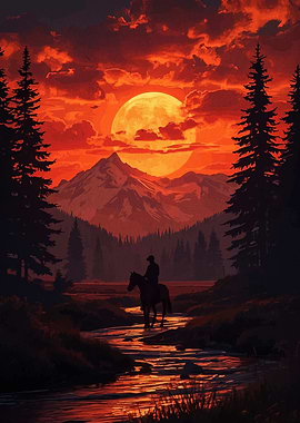 Cowboy Silhouette Under a Fiery Sky