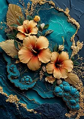 Teal Gold Hibiscus Flower
