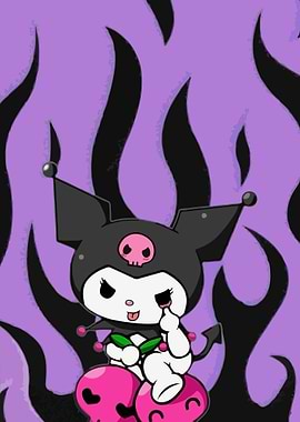 Kuromi Illustration with Flame Background
