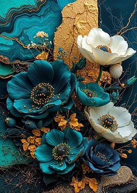 Teal Gold Anemones Flower