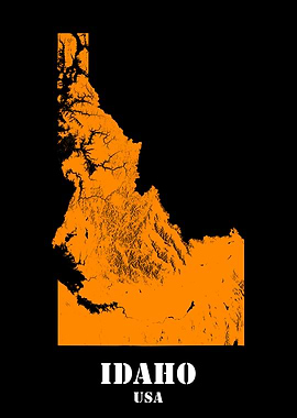 Idaho USA State Minimalist Black Orange Topographic Contour Relief Map featuring terrain in orange color