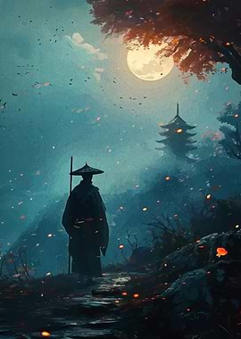 Japanese Monk Under Moonlight
