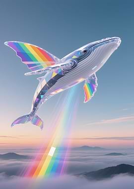 Rainbow Whale Flying Over Clouds