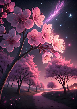 Cherry Blossoms Under Starry Night Sky
