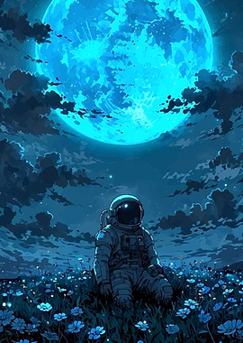 Astronaut in Field Under Blue Moon
