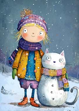 Winter Friends: Girl and Snow Cat