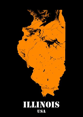 Illinois USA State Minimalist Black Orange Topographic Contour Relief Map featuring terrain in orange color