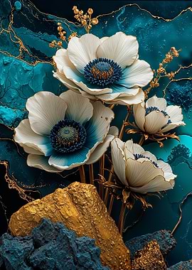 Teal Gold Camellias Flower