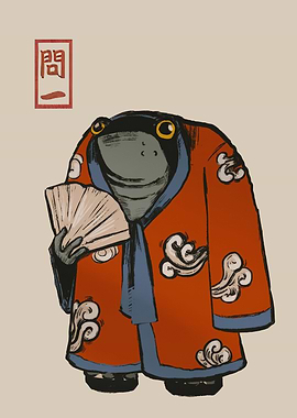 Grumpy hoji Frog in Kimono with Fan