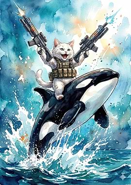 Battle Kitty Rides the Orca Wartercolor