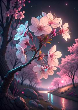 Cherry Blossoms by River at Night