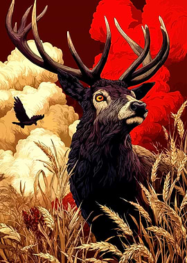 Stag in Wheat Field Illustration