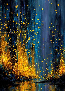Abstract Blue and Gold Waterfall Painting