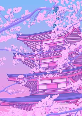 Pink Pagoda with Cherry Blossoms