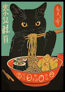 Black Cat Eating Ramen and Sushi