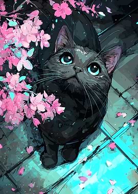 Black Cat with Cherry Blossoms