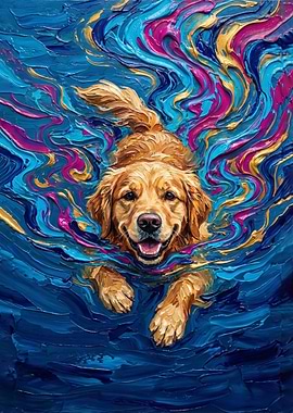 Golden Retriever Swimming Abstract Painting