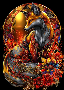 Ornate Fox with Floral Accents