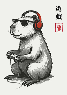 Capybara Gamer with Headphones and Controller