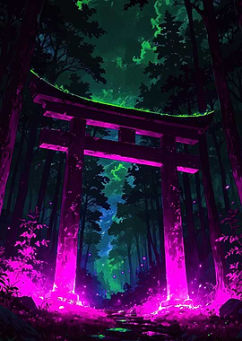 Neon Torii Gate in Forest