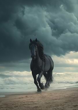 Black Horse Galloping on Beach