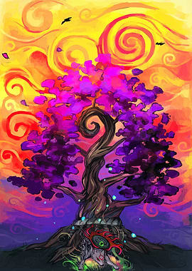 Mystical Tree with Wolf and Sunset