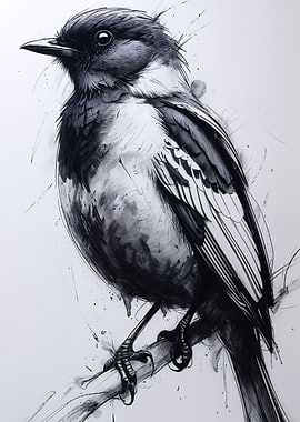 Monochrome Bird on Branch Illustration