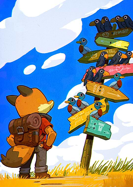 Fox Traveler at Crossroads Signpost