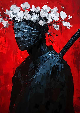 Samurai with Flowers on Red Background