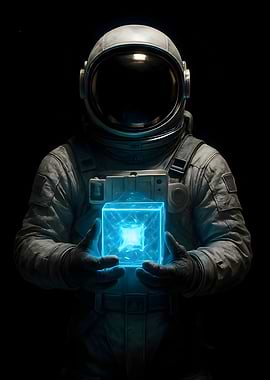 Astronaut Holding Glowing Blue Cube