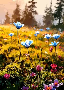 Floral Meadow with Blue and Pink Flowers