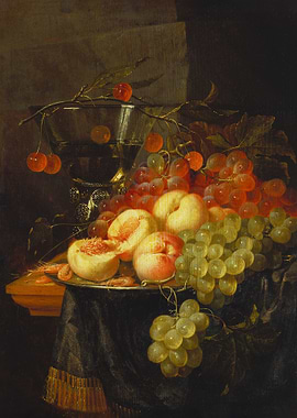 Still Life with Fruit and a Cherry Branch over a Berkemeyer Glass