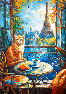 Cat with Eiffel Tower View Painting