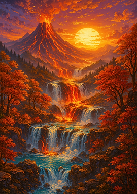 Volcanic Waterfall Landscape at Sunset