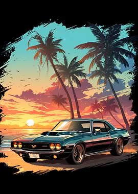Classic Car on Beach at Sunset