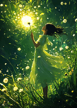 Girl with Dandelion in Green Meadow