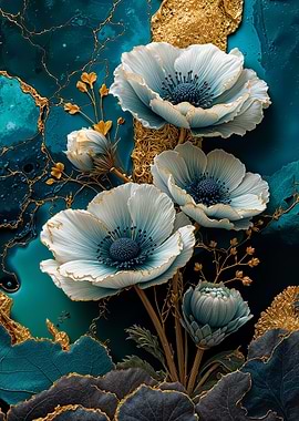 Teal Gold Camellias Flower