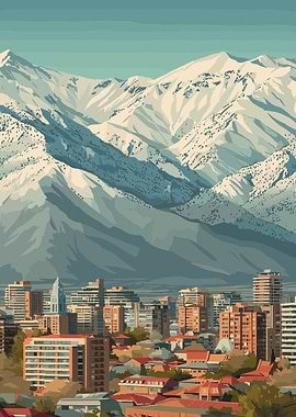 Cityscape with Snowy Mountains Backdrop