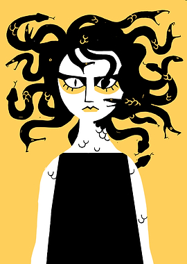 Medusa Illustration in Black and Yellow