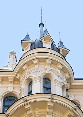Architectural Detail: Ornate Building Turret Alberta street 13, Riga, Latvia.