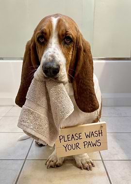 Basset Hound with 'Wash Paws' Sign